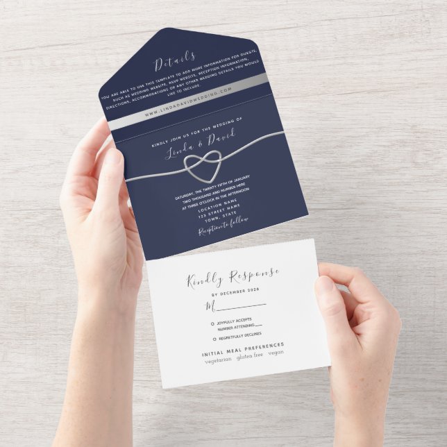 Navy Blue Calligraphy Wedding All In One Invitation (Tearaway)