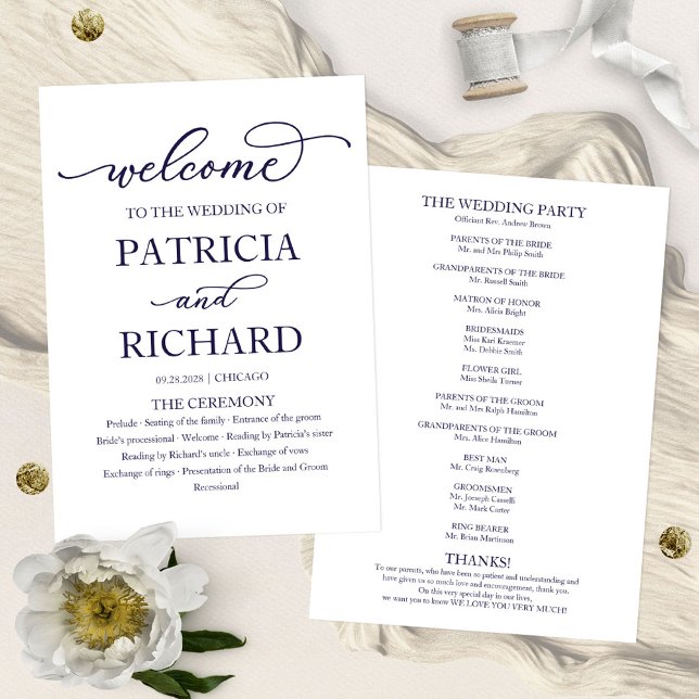 Navy Blue Calligraphy Wedding Ceremony Program Programme (Creator Uploaded)