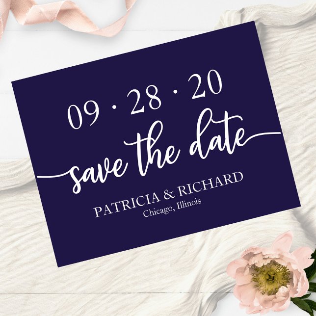 Navy Blue Calligraphy Wedding Save The Date Invitation (Creator Uploaded)