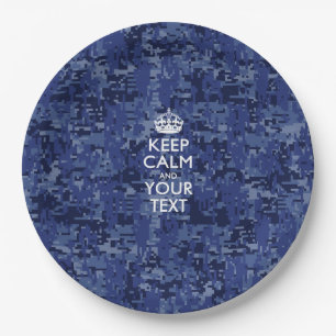 Navy Blue Camo Keep Calm And Your Text Paper Plate