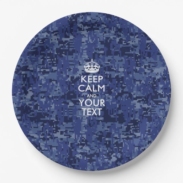 Navy Blue Camo Keep Calm And Your Text Paper Plate (Front)