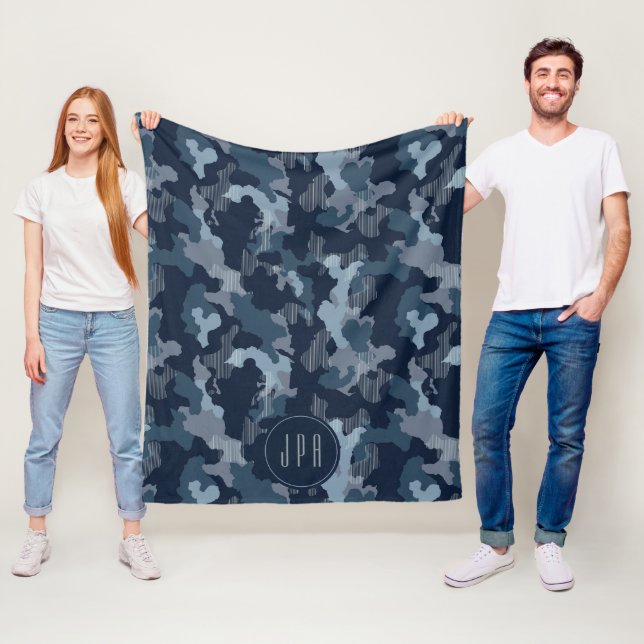 Navy Blue Camouflage 3 Monogram Military Pattern Fleece Blanket (In Situ)