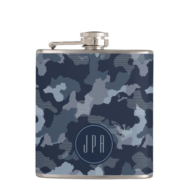 Navy Blue Camouflage Military Pattern Monogram Hip Flask (Front)