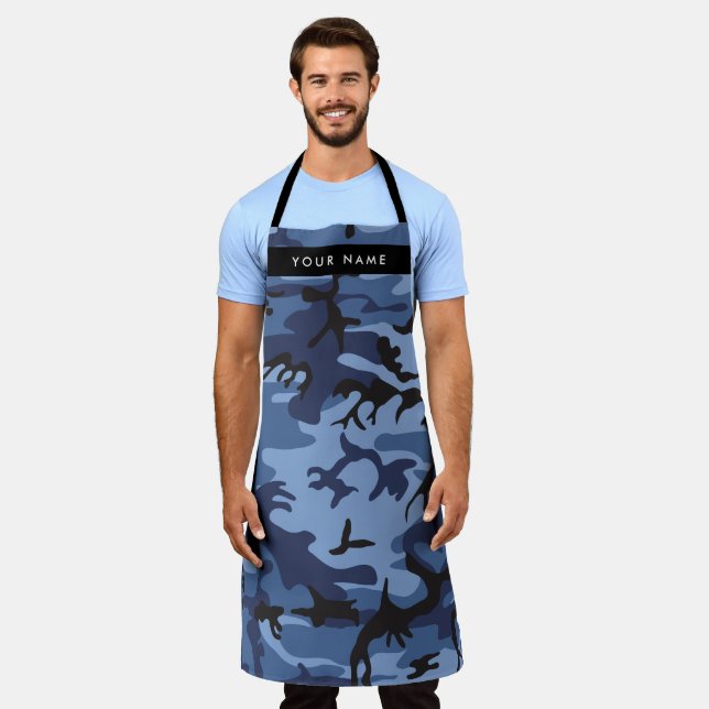 Navy Blue Camouflage Your name Personalise Apron (Worn)