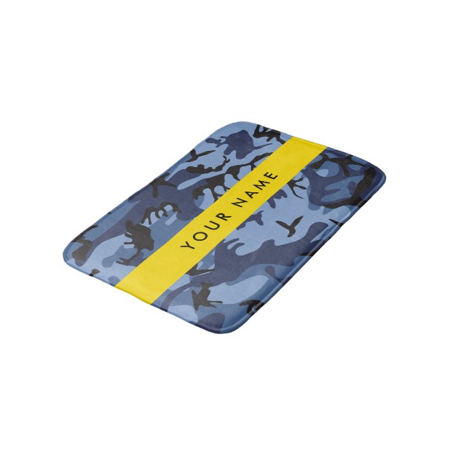 Navy Blue Camouflage Your name Personalise Bath Mat (Angled)