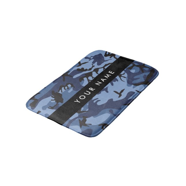 Navy Blue Camouflage Your name Personalise Bath Mat (Angled)