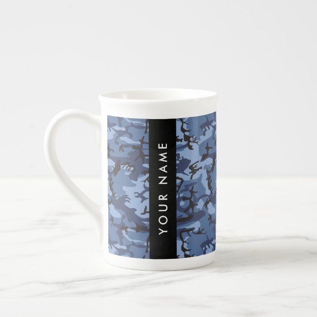 Navy Blue Camouflage Your name Personalise Bone China Mug (Left)