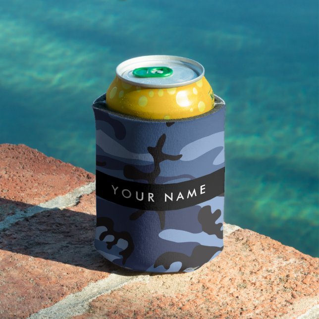 Navy Blue Camouflage Your name Personalise Can Cooler (In Situ Pool)