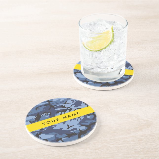 Navy Blue Camouflage Your name Personalise Coaster (Side)