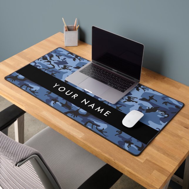 Navy Blue Camouflage Your name Personalise Desk Mat (Office 2)