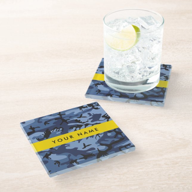 Navy Blue Camouflage Your name Personalise Glass Coaster (Angled)