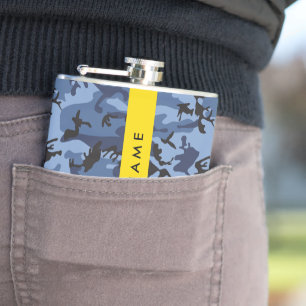 Navy Blue Camouflage Your name Personalise Hip Flask