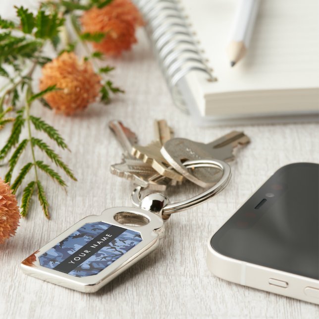 Navy Blue Camouflage Your name Personalise Key Ring (Side)