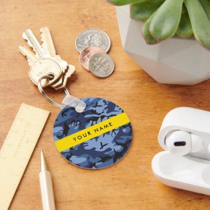 Navy Blue Camouflage Your name Personalise Key Ring