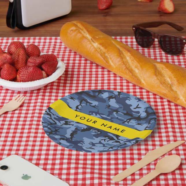 Navy Blue Camouflage Your name Personalise Paper Plate (Picnic)