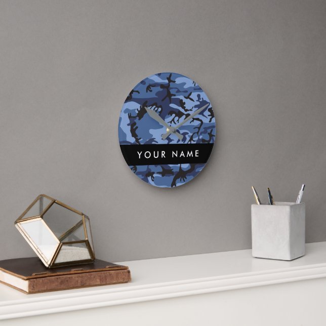 Navy Blue Camouflage Your name Personalise Round Clock (Office)