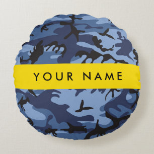 Navy Blue Camouflage Your name Personalise Round Cushion