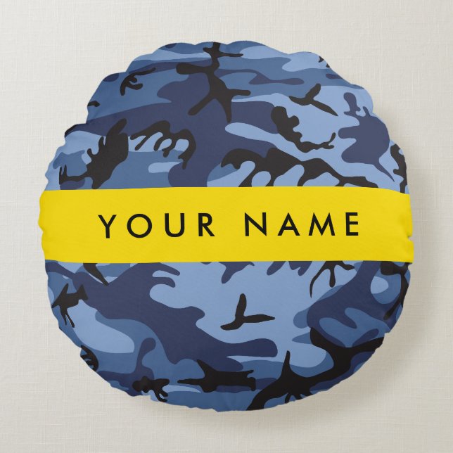 Navy Blue Camouflage Your name Personalise Round Cushion (Front)