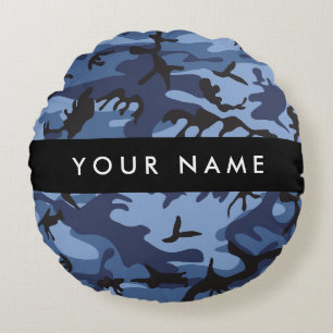Navy Blue Camouflage Your name Personalise Round Cushion