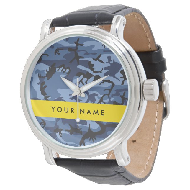 Navy Blue Camouflage Your name Personalise Watch (Angled)
