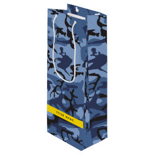 Navy Blue Camouflage Your name Personalise Wine Gift Bag