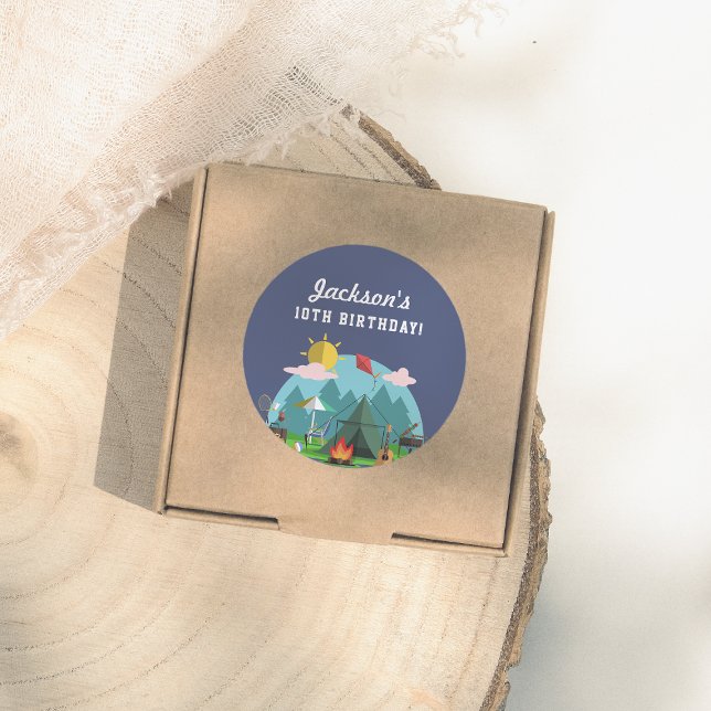 Navy Blue Camping Birthday Party Classic Round Sticker (Creator Uploaded)