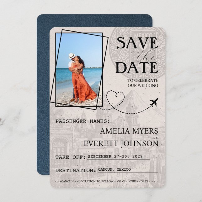 Navy Blue Cancun Passport Save The Date (Front/Back)
