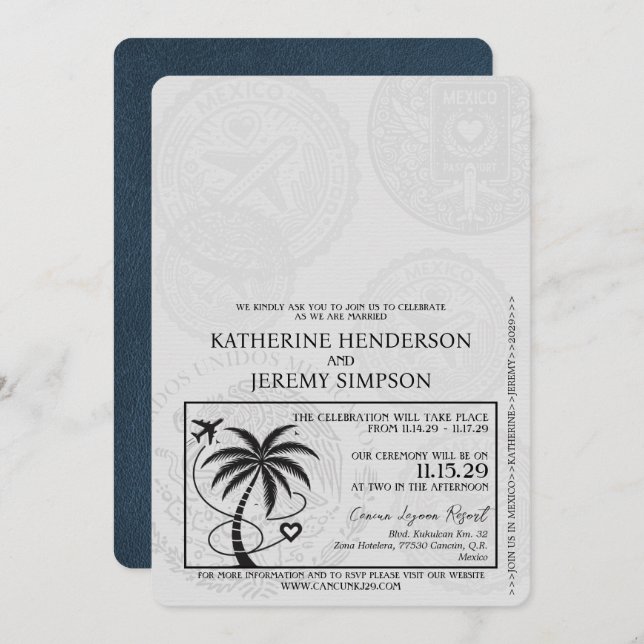 Navy Blue Cancun Passport Wedding Invitation (Front/Back)