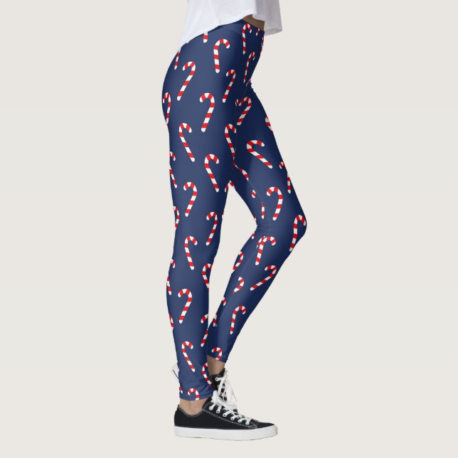 Navy Blue Candy Cane Christmas Holiday Pattern Leggings (Right)