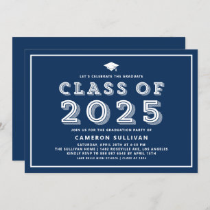 Navy Blue Cap Class of 2024 Retro Graduation Invitation