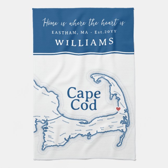 Navy Blue Cape Cod Map New Home Tea Towel (Vertical)