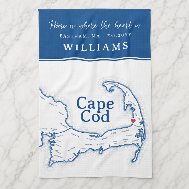 Navy Blue Cape Cod Map New Home Tea Towel (Cape Cod Map Kitchen Towel housewarming gift, new home present with heart over Brewster)