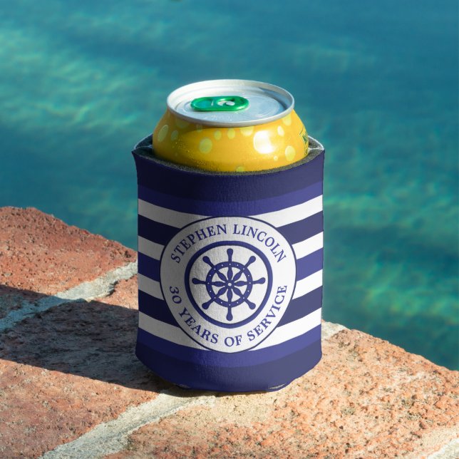 Navy Blue Captains Wheel Service Years Retirement Can Cooler (In Situ Pool)