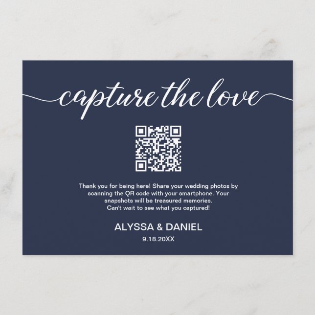Navy blue Capture the love QR code wedding photos Enclosure Card (Front)