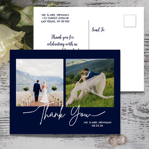 Navy Blue Casual Script Photo Wedding Thank You Postcard