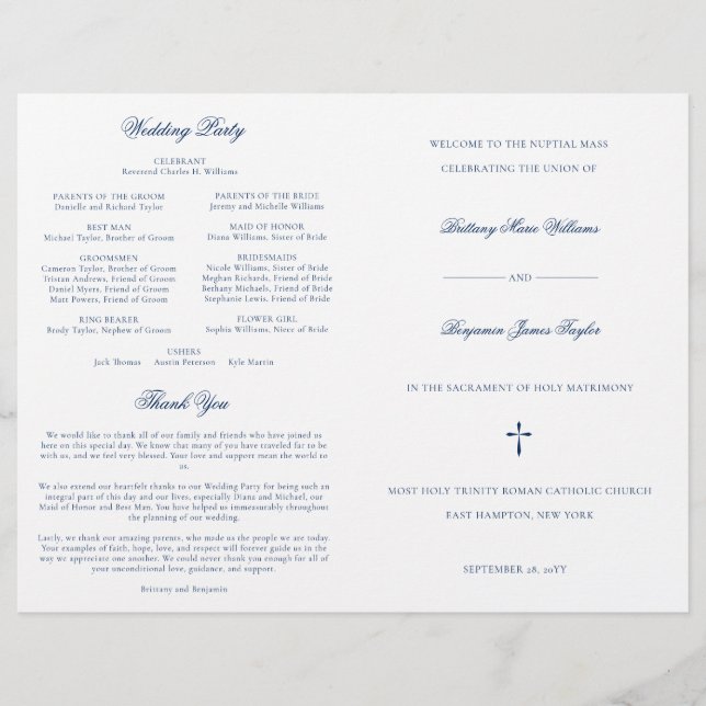 Navy Blue Catholic Wedding Mass Ceremony Program (Front)