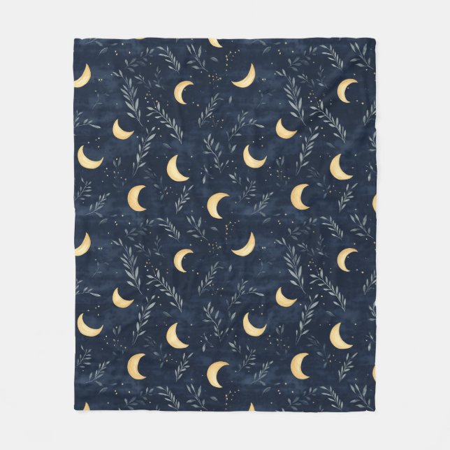 Navy Blue Celestial Moon and Foliage Blanket (Front)