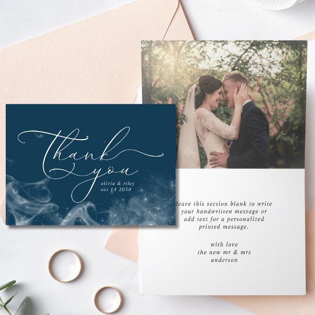 Navy Blue Celestial Stars Thank You Weddng Photo  Card (Creator Uploaded)