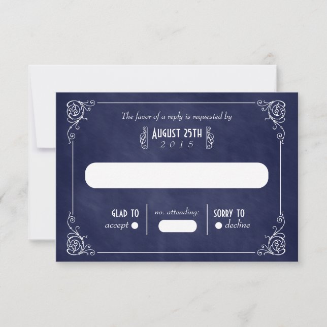 Navy Blue Chalkboard Art Deco Wedding RSVP Cards (Front)
