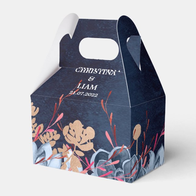 Navy Blue Chalkboard Floral Wedding Favour Box (Front Side)