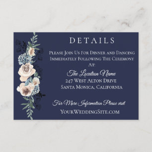 Navy Blue Champagne Floral Wedding Details Invitation