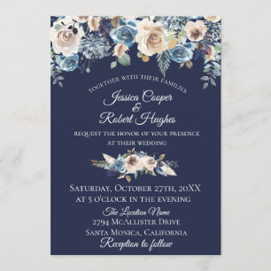 Navy Blue Champagne Floral Wedding Invitation