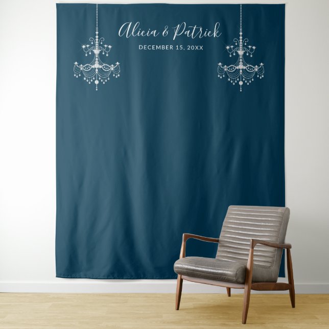 Navy blue Chandeliers Wedding Photo Backdrop Tapestry (In Situ)