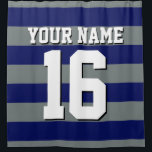 Navy Blue Charcoal Sports Jersey Preppy Stripe Shower Curtain<br><div class="desc">Preppy Striped Team Jersey / Sports Jersey / Football Jersey / Rugby Jersey with Custom Name Customise this with your own name or team name and a number. You can change the size, colour and placement of the text if you need to make changes, change the colour of or remove...</div>