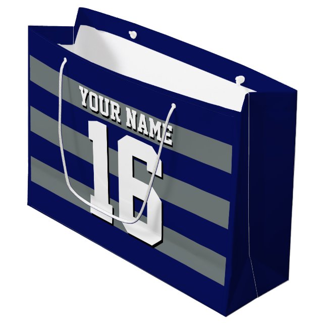 Navy Blue Charcoal Team Jersey Preppy Stripe Large Gift Bag (Front Angled)