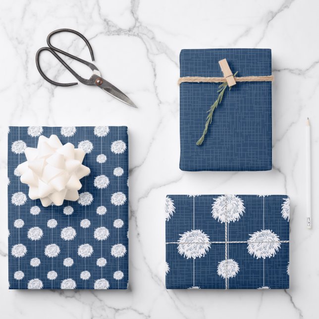 Navy Blue Cheerleader Pom Pom Pattern Wrapping Paper Sheet (Front)