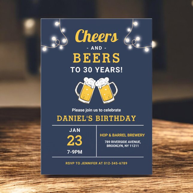 Navy Blue Cheers And Beers Birthday Party Invitation (Creator Uploaded)