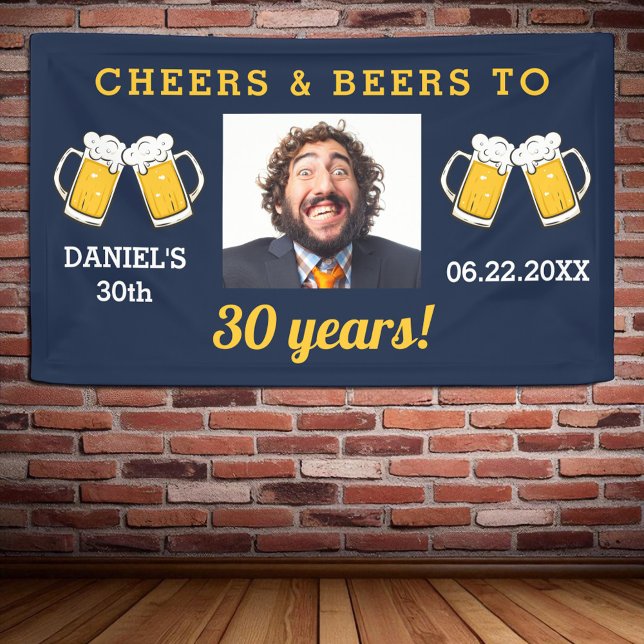 Navy Blue Cheers & Beers Milestone Birthday Photo Banner (Creator Uploaded)