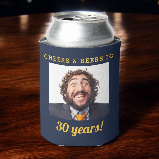 Navy Blue Cheers & Beers Milestone Birthday Photo  Can Cooler (Creator Uploaded)