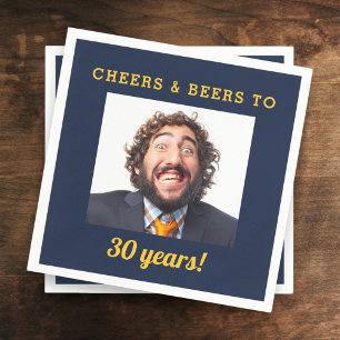 Navy Blue Cheers & Beers Milestone Birthday Photo Napkin